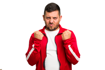 Young caucasian man isolated showing fist to camera, aggressive facial expression.