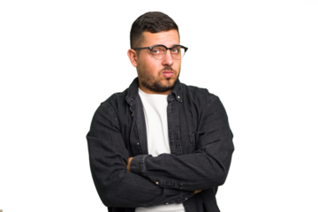 Young caucasian man isolated unhappy looking in camera with sarcastic expression.