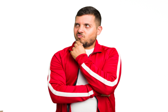 Young caucasian man isolated suffers pain in throat due a virus or infection.