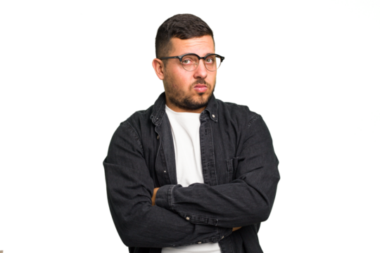 Young caucasian man isolated unhappy looking in camera with sarcastic expression.