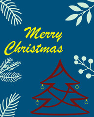 Merry Christmas vector banner, greeting card, poster, holiday cover, header. Flat design with Christmas tree on blue background