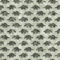 Green hand drawn triceratops dinosaur seamless pattern. Gender Neutral Jurassic fossil silhouette for baby nursery. Gender neutral home decor for museum, extinction and textile design.  © Leah