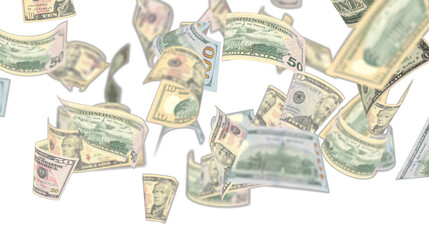 100 dollar bills flying on white background