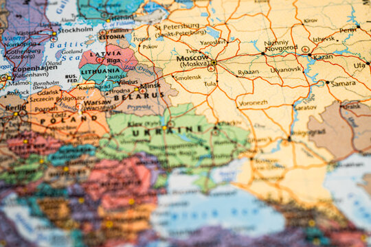 Bangkok, Thailand - February 1, 2022 Moscow Russia on world map background.