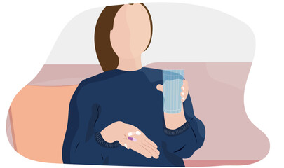 Junge Frau nimmt Tabletten, Medikamente mit einem Glas Wasser zu Hause auf dem Sofa ein 