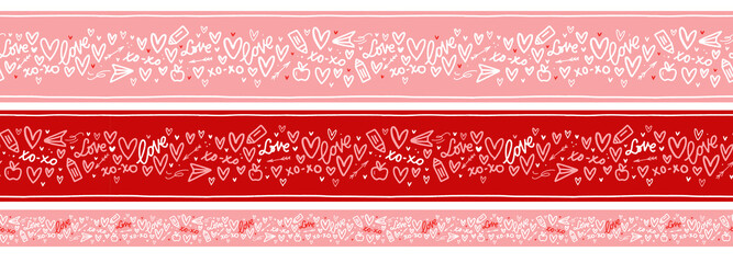 School Valentine's day border set with hearts, pencil, plane and apple clipart. Decorative washi tape with love symbols and text.