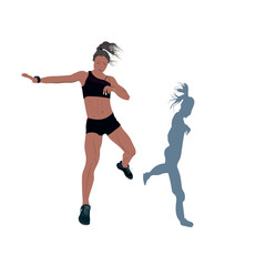 Fototapeta na wymiar A young girl in sportswear jumps up, against the background of a shadow Vector illustration