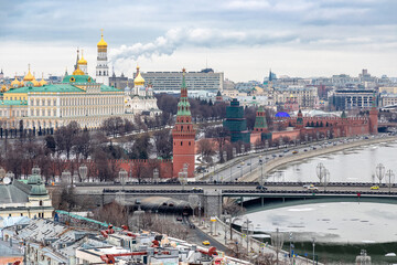 View of the embankment of the Moscow Kremlin on Red Square in Moscow in winter