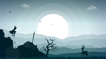 landscape with moon, deer and witch. witch floating on the rock. mountains walpaper. witch background for desktop. fantasy wallpaper.
