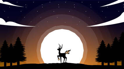 silhouette of a deer in the forest under night sky with full moon. Magic deer with fire tail in night forest.  deer in sunset. Gradient sky background with moon, tree and deer. 