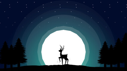 Gradient sky background with moon, tree and deer. silhouette of a deer in the forest under night sky with full moon. gradient sky background with moon, tree and deer. 