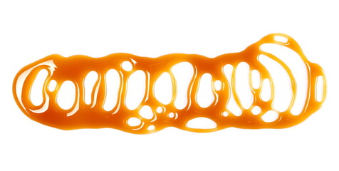 Cream dessert sauce, chocolate flavored dessert topping, puddle isolated on white, top view