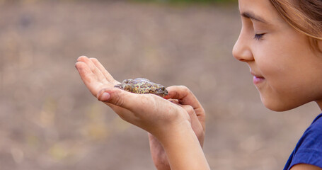 girl hold a toad in the palm of her hand. Selective focus