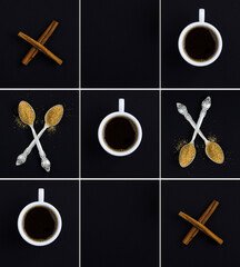 Cup of black coffee, spoon with sugar and cinnamon on the black background. Pattern. Flat lay. Top...