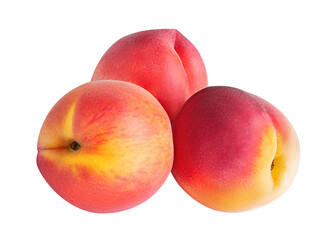 Peach fruit isolated on white or transparent background. Three whole peach fruits