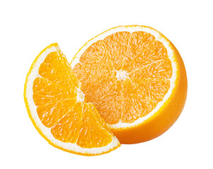 Orange citrus fruit isolated on white or transparent background. Two orange fruits cut half and...