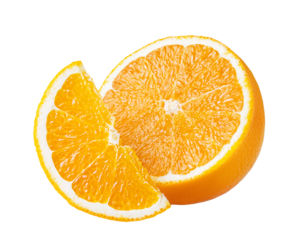 Orange citrus fruit isolated on white or transparent background. Two orange fruits cut half and slice 