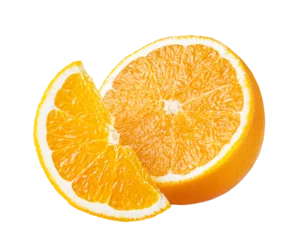 Foto auf Acrylglas Orange citrus fruit isolated on white or transparent background. Two orange fruits cut half and slice  © Olesia