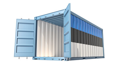 Cargo Container with open doors and Estonia national flag design. 3D Rendering