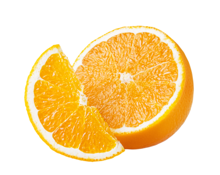 Orange citrus fruit isolated on white or transparent background. Two orange fruits cut half and slice 