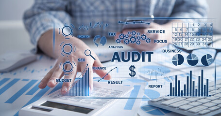 Human using calculator. Audit. Business charts with words