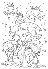 Fairy mushrooms with slime and rising drops. Vector illustration of children's coloring book