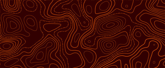 Topographic map. Abstract background with lines and circles. Red mountain contour lines. Topographic terrain. Black background with space grid Topographic background.