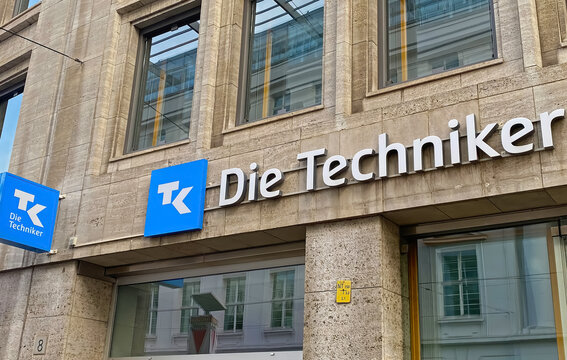 D&uuml;sseldorf, Germany - October 9. 2022: View on office facade with logo lettering of Die Techniker Krankenkasse