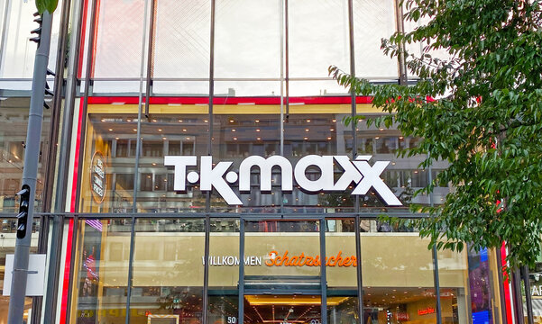 D&uuml;sseldorf, Germany - October 9. 2022: Front glass facade with logo lettering of TK Maxx store