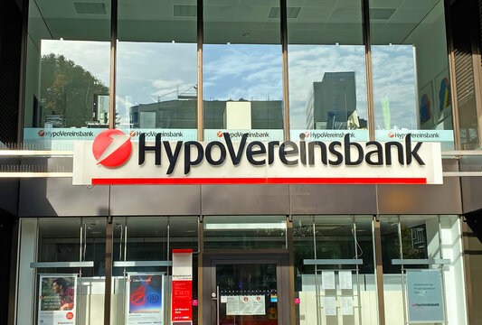 D&uuml;sseldorf, Germany - October 9. 2022: View on bank building branch with logo lettering of Hypovereinsbank