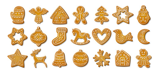 Christmas Gingerbread Cookie. Set of winter sweet homemade biscuits in the form of different characters and holiday items isolated on white background. Cute Cartoon vector illustration