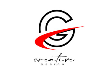 Outline G Letter Logo Design with Creative Red Swoosh. Letter g Initial icon with curved shape vector