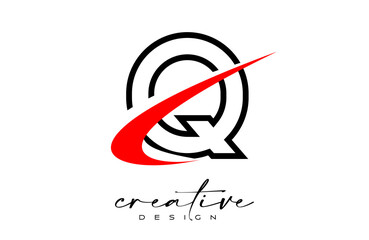 Outline Q Letter Logo Design with Creative Red Swoosh. Letter q Initial icon with curved shape vector