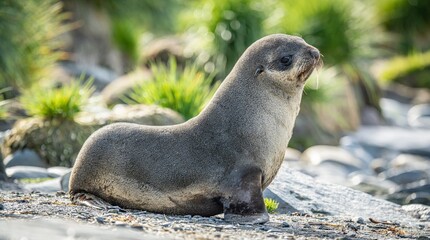 Junger x Antarktischer Seebär / antarktische Pelzrobbe  (Arctocephalus gazella) in Südgeorgien in...