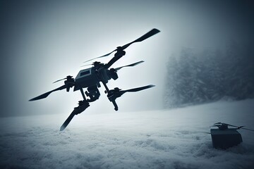 War drone flying over snowy field. 3d render art.