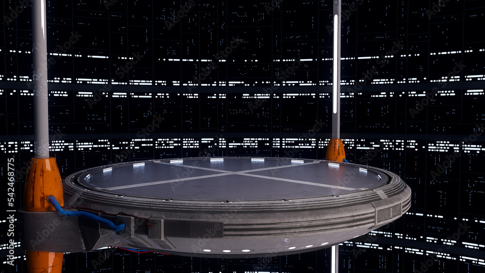 Aufkleber large round lifting platform in a vast science fiction space station interior. 3d rendering.