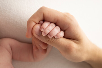 The hand of a sleeping newborn in the hand of parents, mother and father close-up. Tiny fingers of...