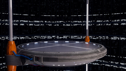 Large round lifting platform in a vast science fiction space station interior. 3D rendering. © IG Digital Arts