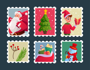 Beautiful Сhristmas Stamp Collection with Santa Claus, Сhristmas Tree, Elf, Berry, Bag of Gifts and Snowman. Cartoon Character. Vector Illustration.
