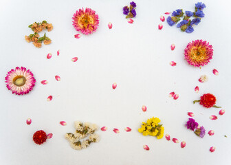 Top view of flowers background product beauty cosmetics