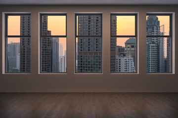 Fototapeta premium Empty room Interior Skyscrapers View Bangkok. Downtown City Skyline Buildings from High Rise Window. Beautiful Expensive Real Estate overlooking. Sunset. 3d rendering.