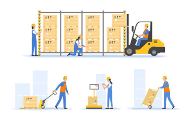 Warehouse And Cargo Goods Concept. Workers In Uniform Loading Goods With Forklift And Pallet Jack, Scan Barcode With Scanner, Weighing Woods On Scales. Linear Cartoon Flat Vector Illustrations Set