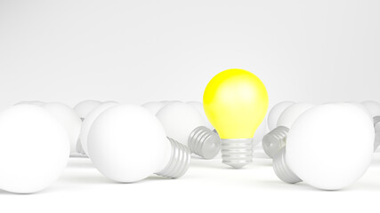 Light bulbs with glowing one different idea. Creativity and innovation ideas concept. Leadership, innovation, great idea and individuality concepts. 3d rendering