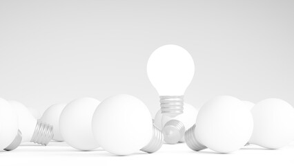 Light bulbs with glowing one different idea. Creativity and innovation ideas concept. Leadership, innovation, great idea and individuality concepts. 3d rendering