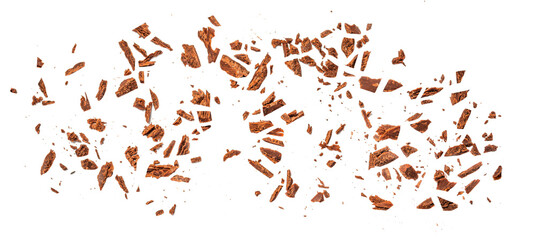 Cracked broken chocolate isolated on white background. Dark bitter  Chocolate chips pieces Top view. Flat lay..