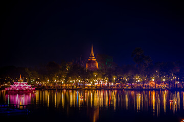Fototapeta na wymiar Fireworks Sukhothai Loy Krathong Festival at Sukhothai historical park , Sukhothai, Thailand.