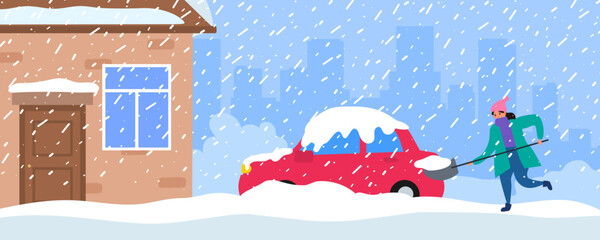 woman shoveling cleaning car from snow drift .winter storm weather vector illustration
