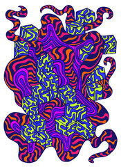 Cartoon psychedelic doodle style pattern with many colorful ornament. pattern isolated. Amazing fun abstract ornament for design t-shirt, placat, card.