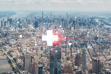 Naklejka premium Aerial panoramic helicopter city view of Upper Manhattan, Midtown and Downtown, New York, USA. Health care digital medicine hologram. The concept of treatment and disease prevention