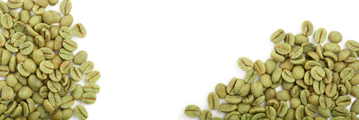 green coffee beans isolated on white background with copy space for your text. Top view. Flat lay